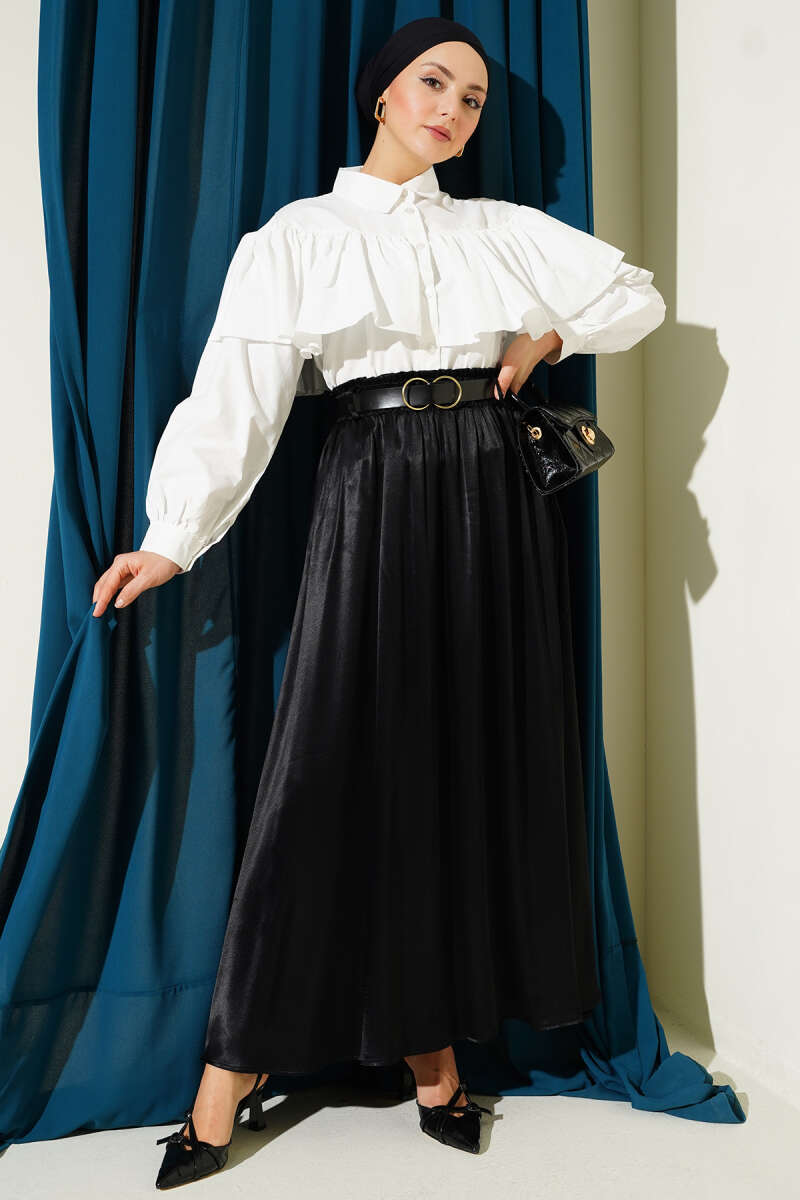 Short Ruffle Shirt with Cape Detail - Ecru