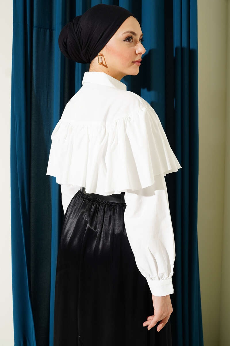 Short Ruffle Shirt with Cape Detail - Ecru