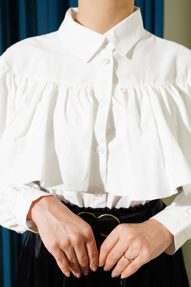 Short Ruffle Shirt with Cape Detail - Ecru