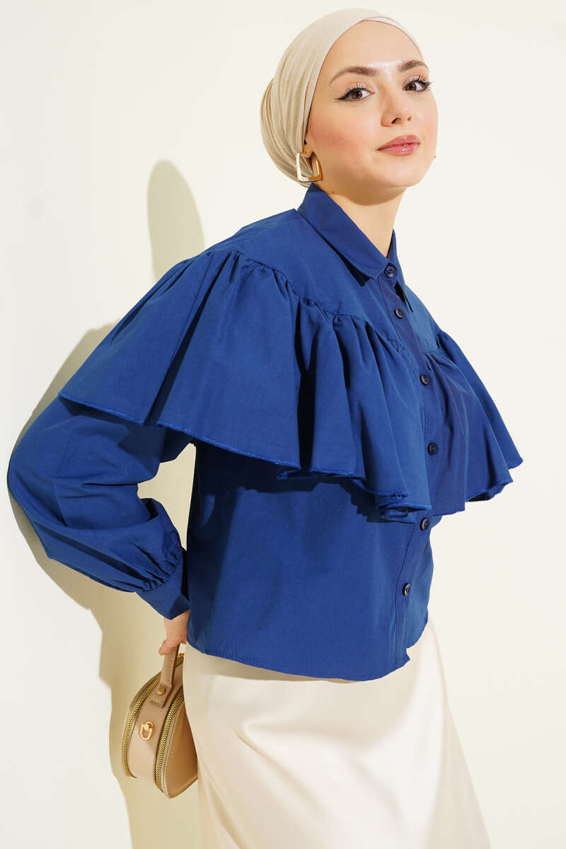 Short Ruffle Shirt with Cape Detail - Navy