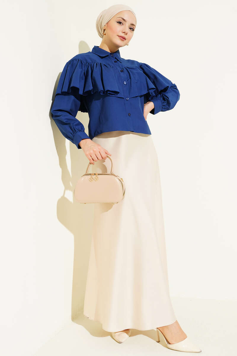 Short Ruffle Shirt with Cape Detail - Navy