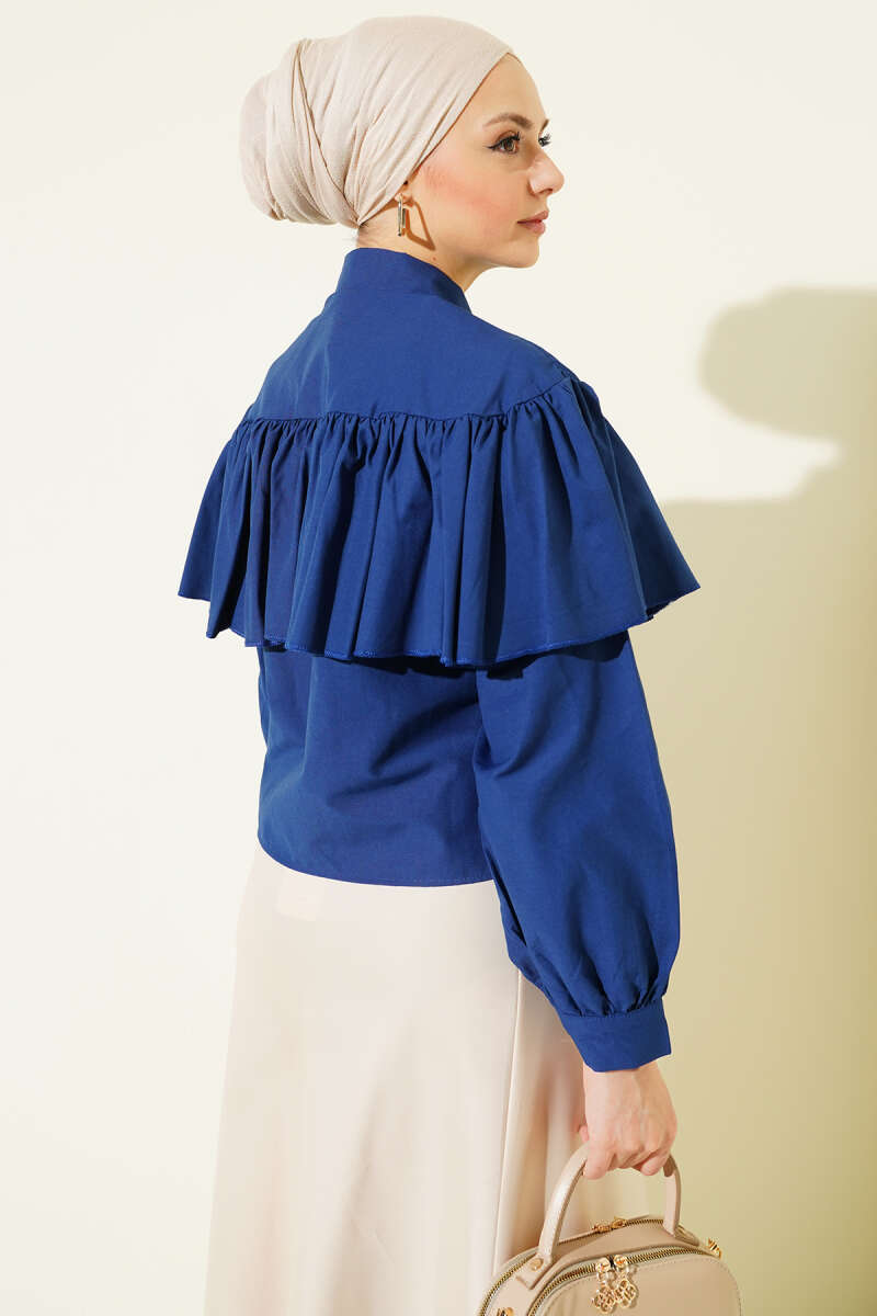Short Ruffle Shirt with Cape Detail - Navy