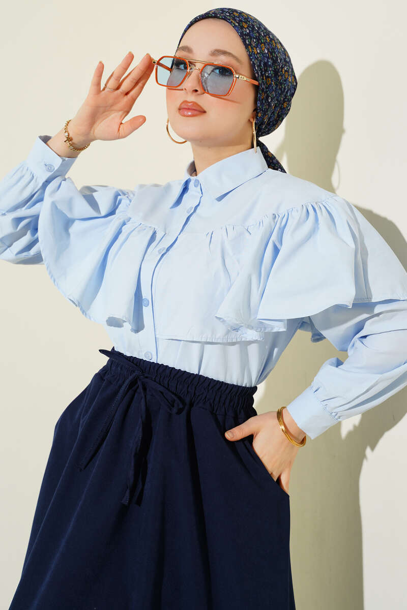 Short Ruffle Shirt with Cape Detail - Blue