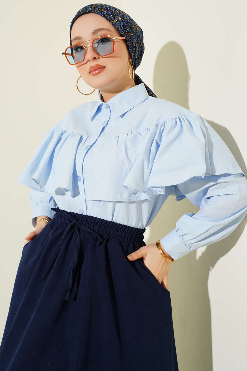 Short Ruffle Shirt with Cape Detail - Blue