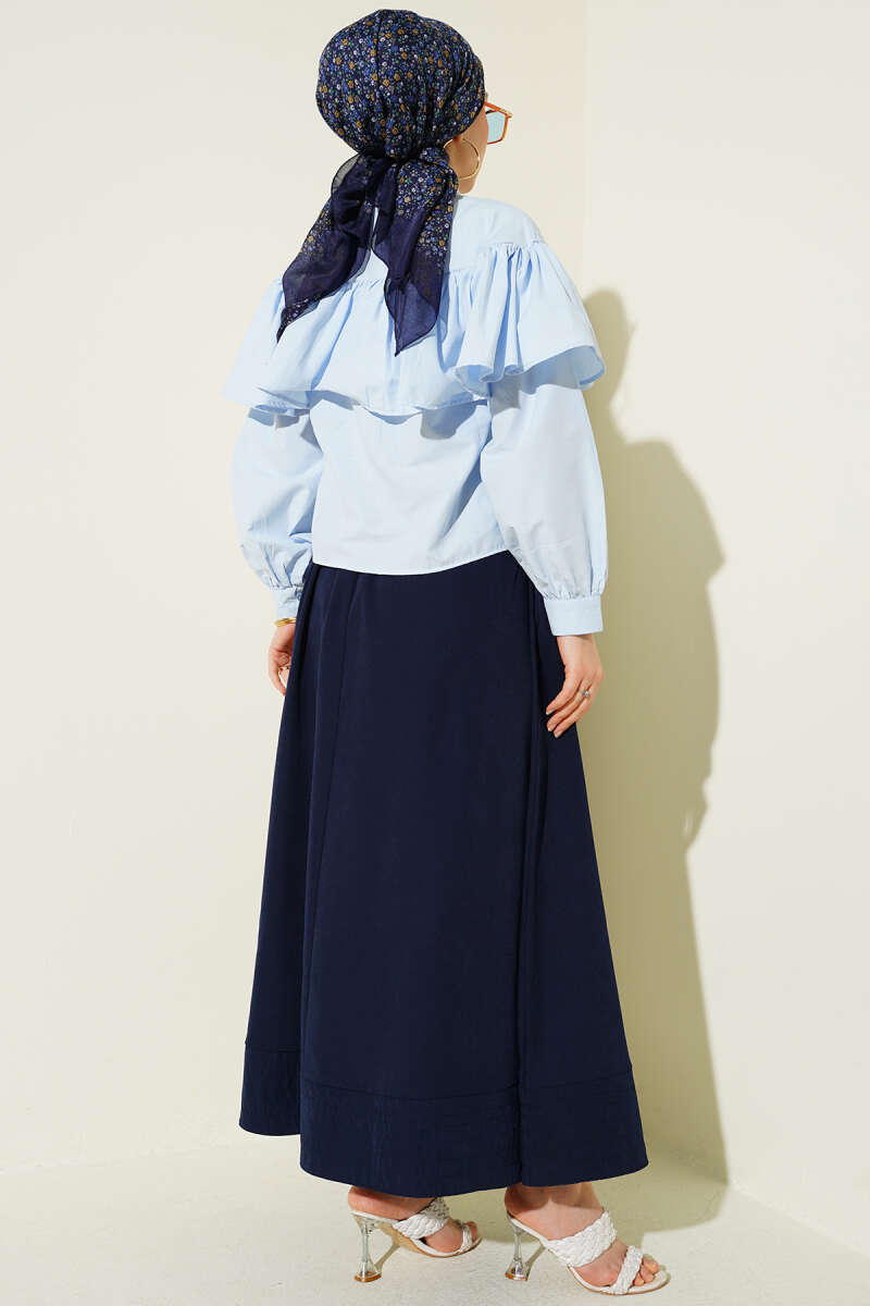 Short Ruffle Shirt with Cape Detail - Blue