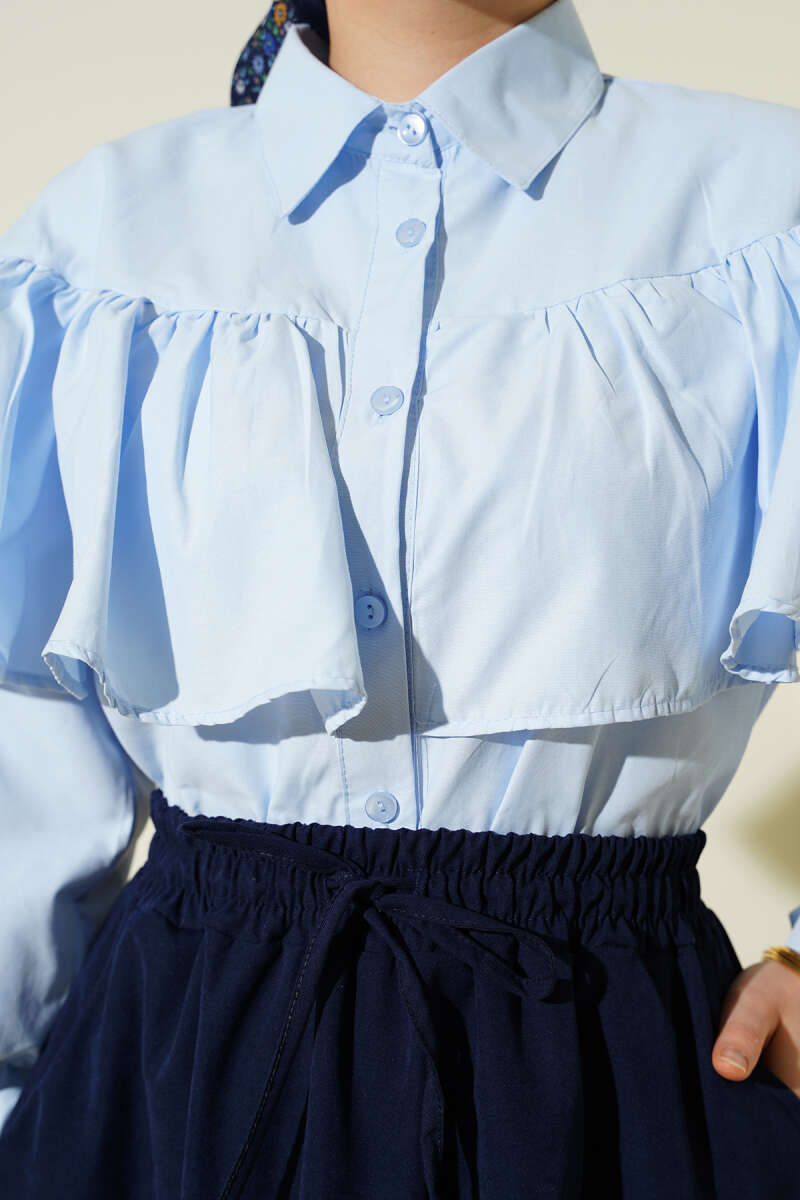 Short Ruffle Shirt with Cape Detail - Blue