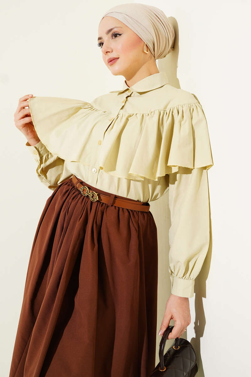 Short Ruffle Shirt with Cape Detail - Dark Olive