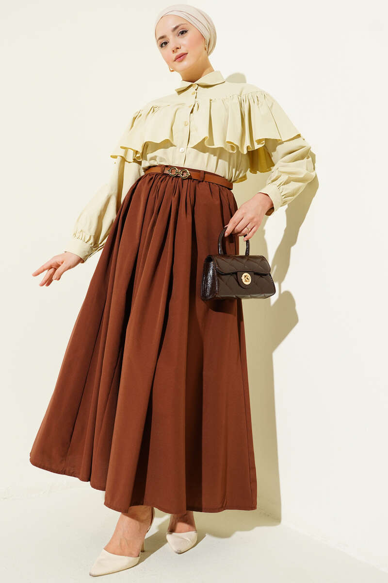 Short Ruffle Shirt with Cape Detail - Dark Olive