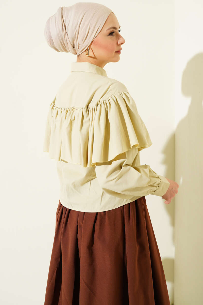 Short Ruffle Shirt with Cape Detail - Dark Olive