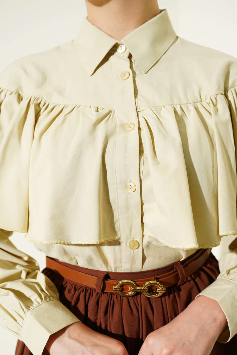 Short Ruffle Shirt with Cape Detail - Dark Olive