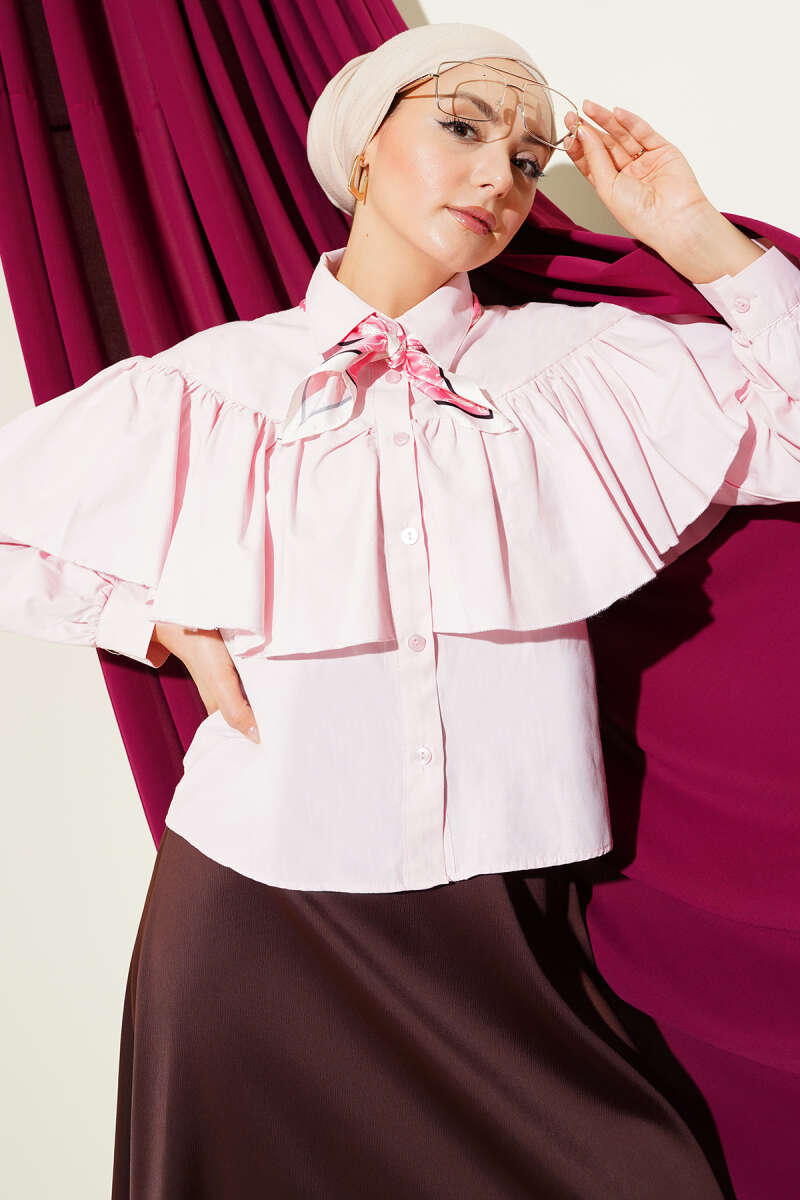 Short Ruffle Shirt with Cape Detail - Pink
