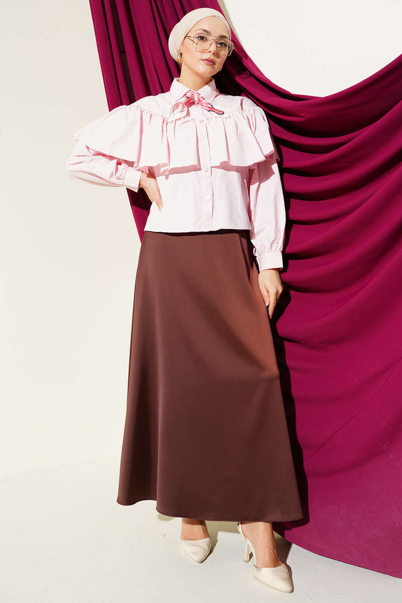 Short Ruffle Shirt with Cape Detail - Pink