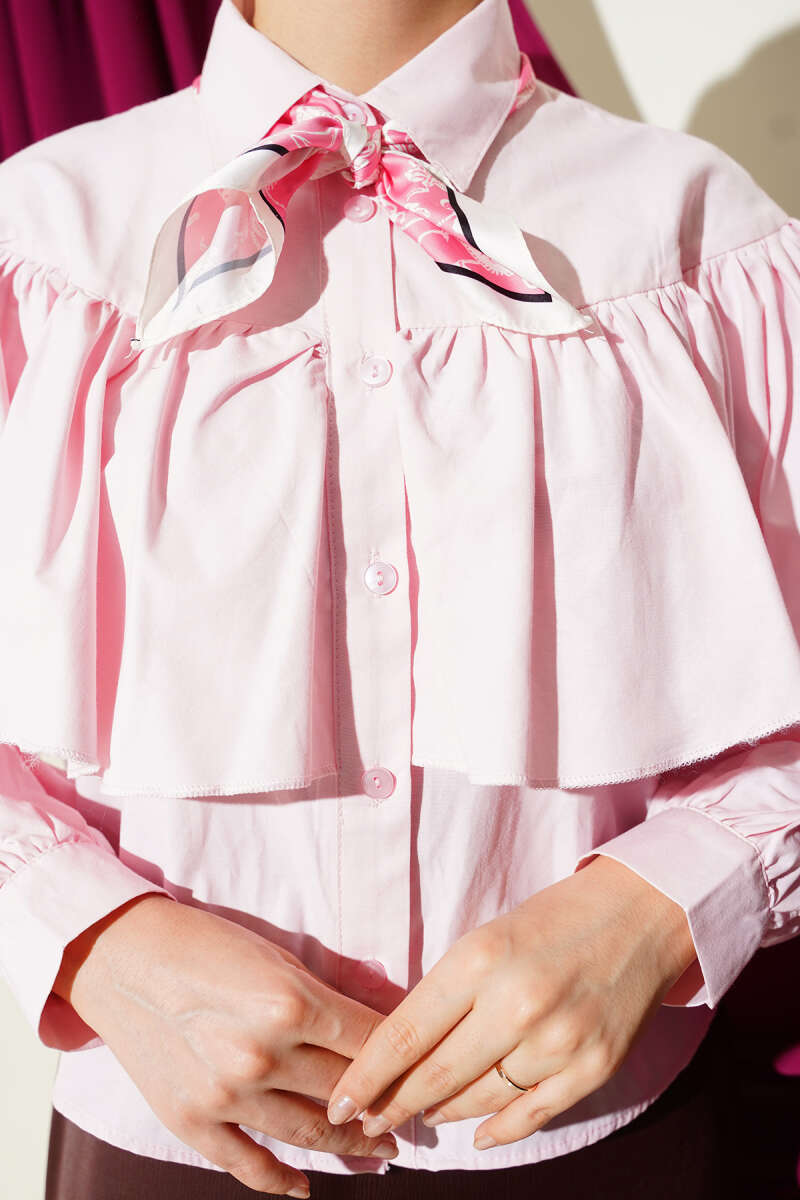 Short Ruffle Shirt with Cape Detail - Pink