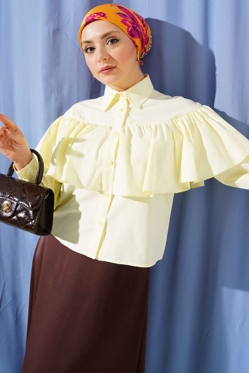 Short Ruffle Shirt with Cape Detail - Yellow