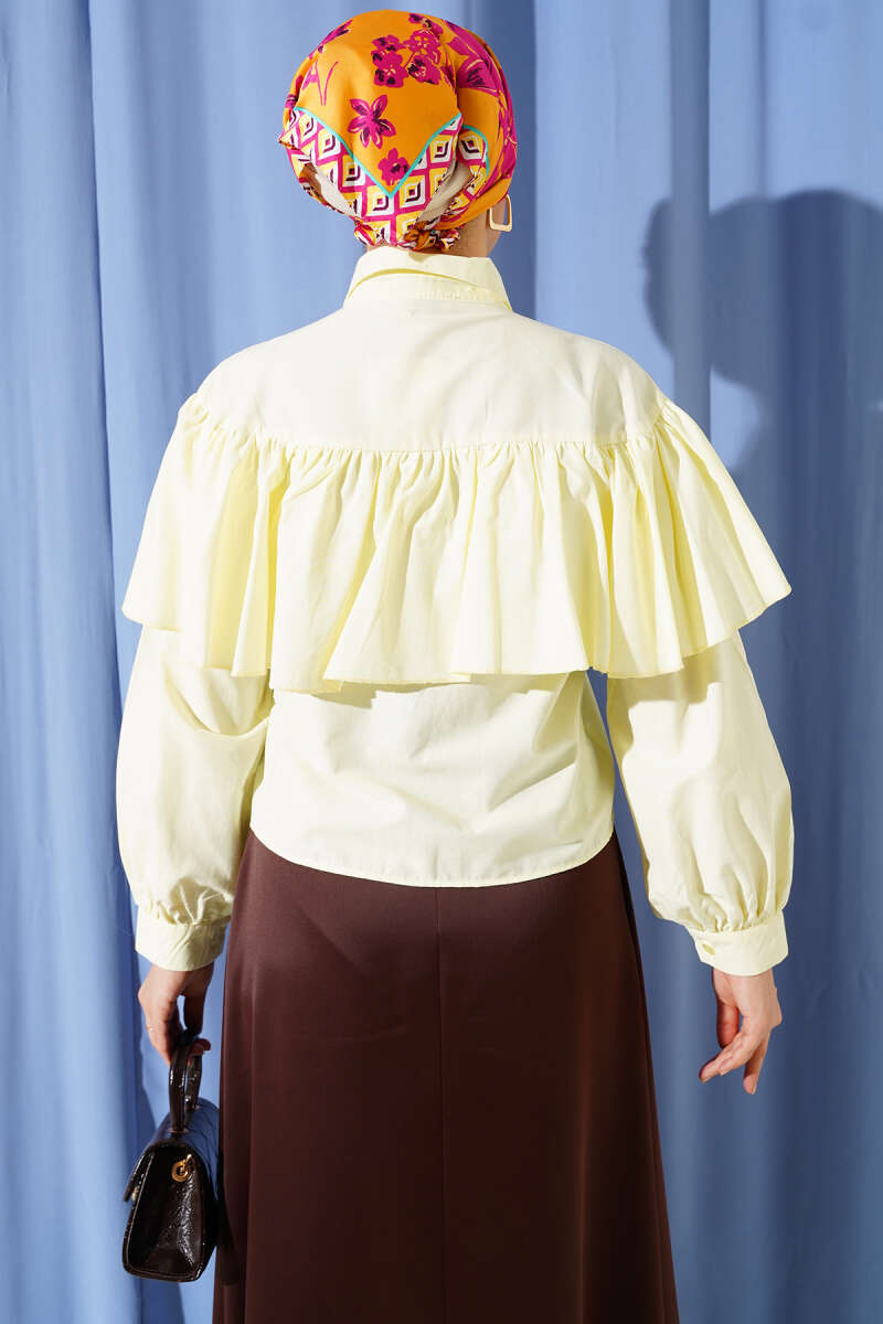 Short Ruffle Shirt with Cape Detail - Yellow