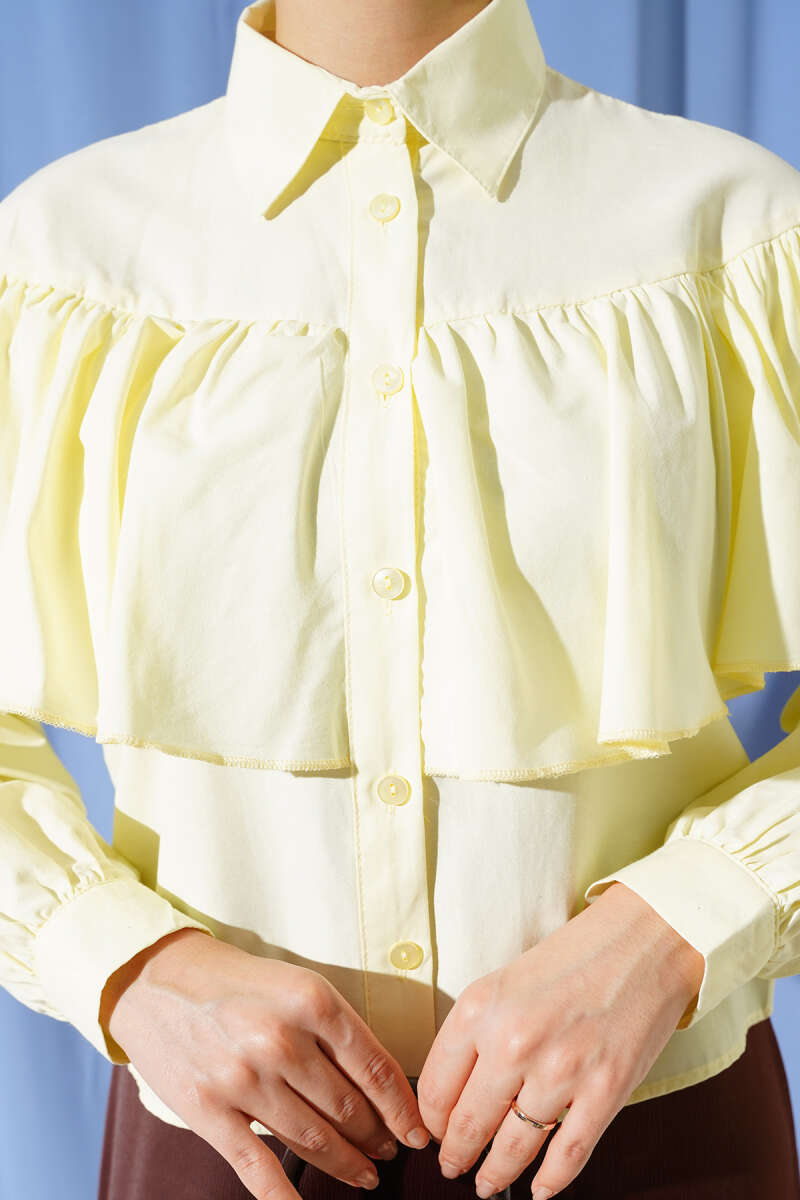 Short Ruffle Shirt with Cape Detail - Yellow