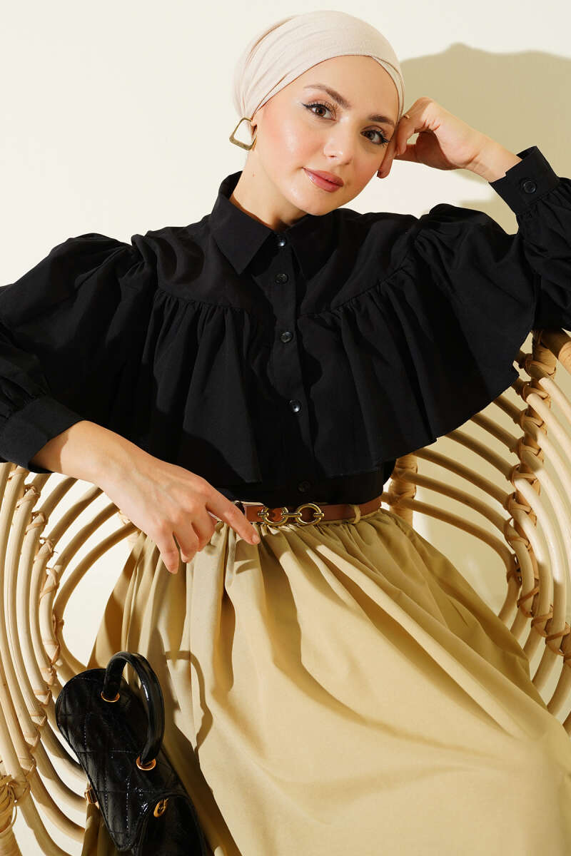 Short Ruffle Shirt with Cape Detail - Black