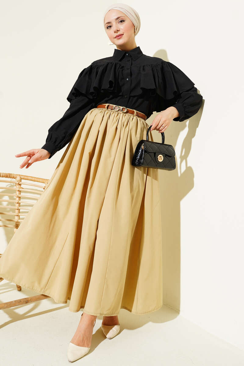 Short Ruffle Shirt with Cape Detail - Black