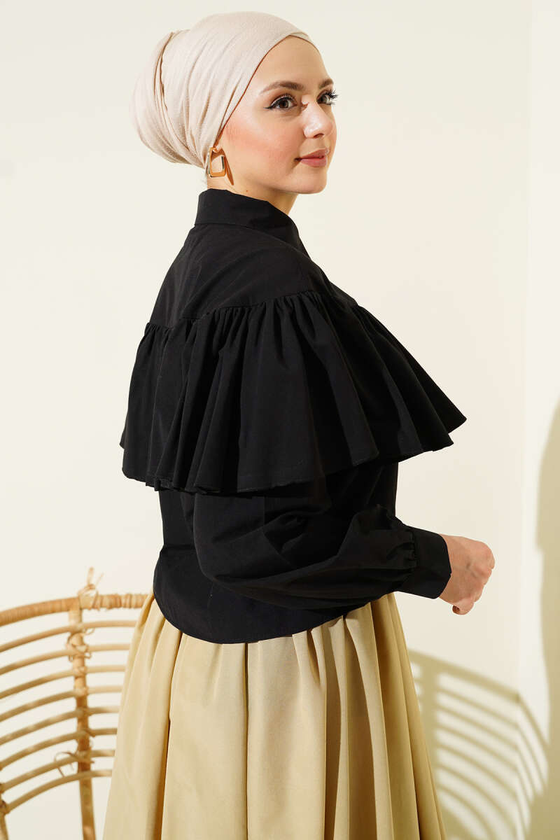 Short Ruffle Shirt with Cape Detail - Black