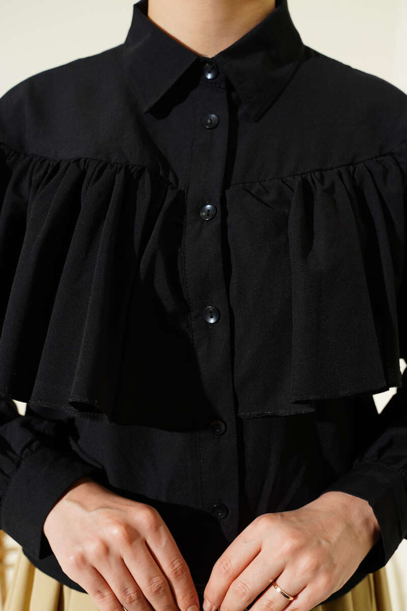 Short Ruffle Shirt with Cape Detail - Black