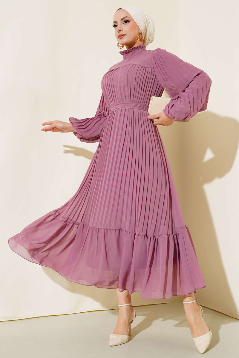 Ruffle Plissé Chiffon Dress - Magenta