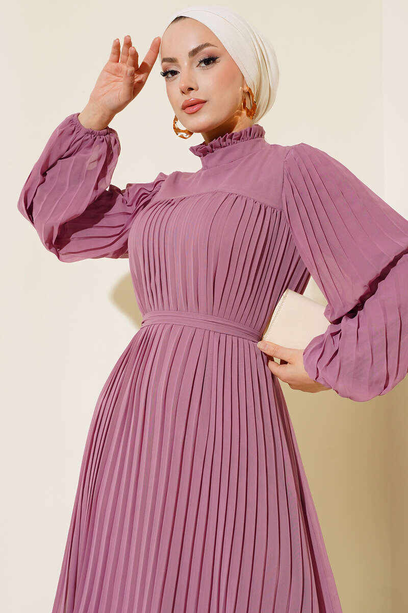 Ruffle Plissé Chiffon Dress - Magenta