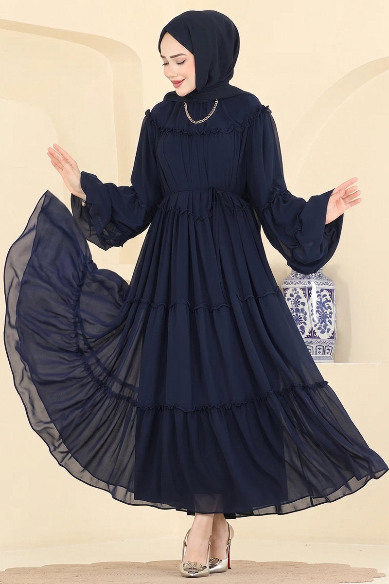Tiered Ruffle Chiffon Evening Dress - Navy