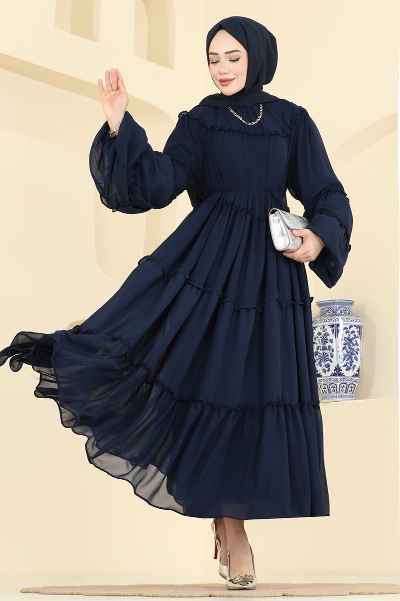 Tiered Ruffle Chiffon Evening Dress - Navy