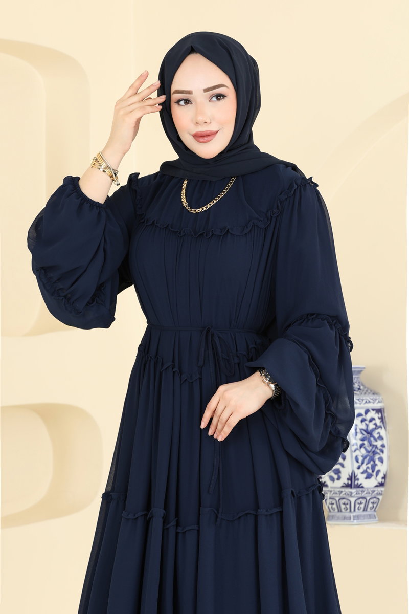 Tiered Ruffle Chiffon Evening Dress - Navy