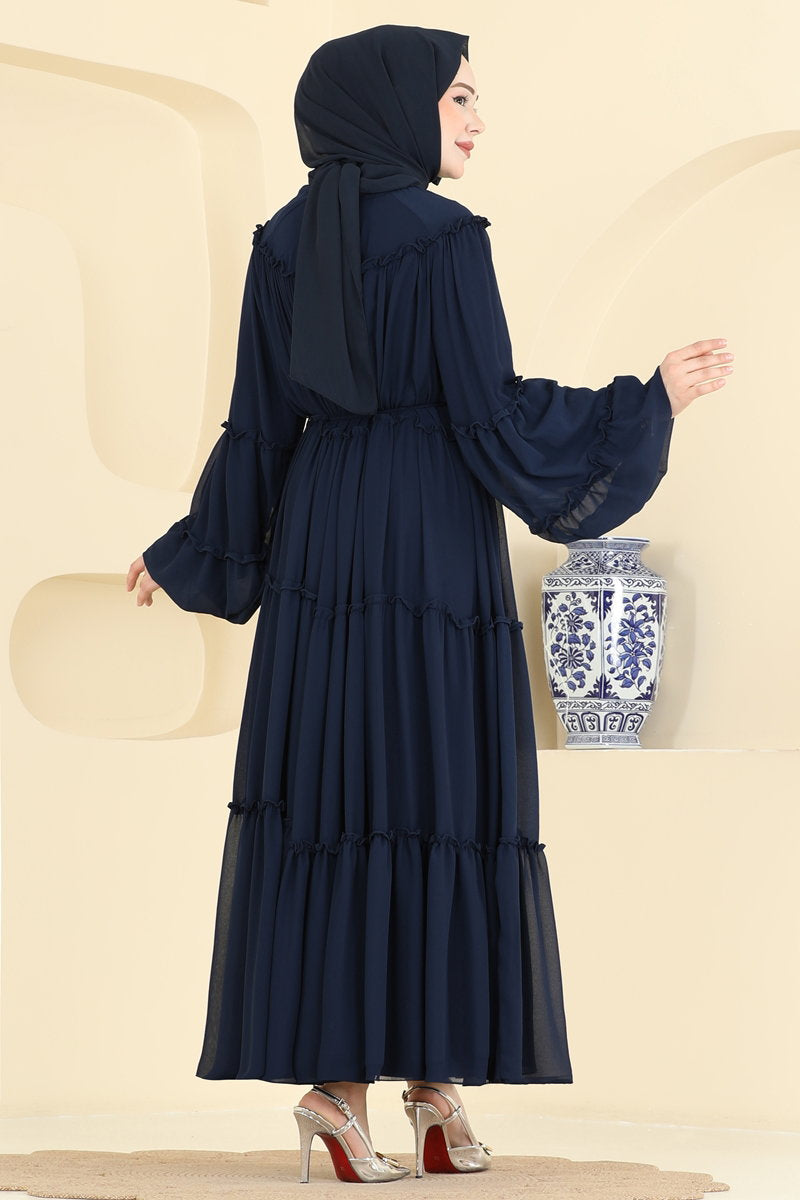 Tiered Ruffle Chiffon Evening Dress - Navy