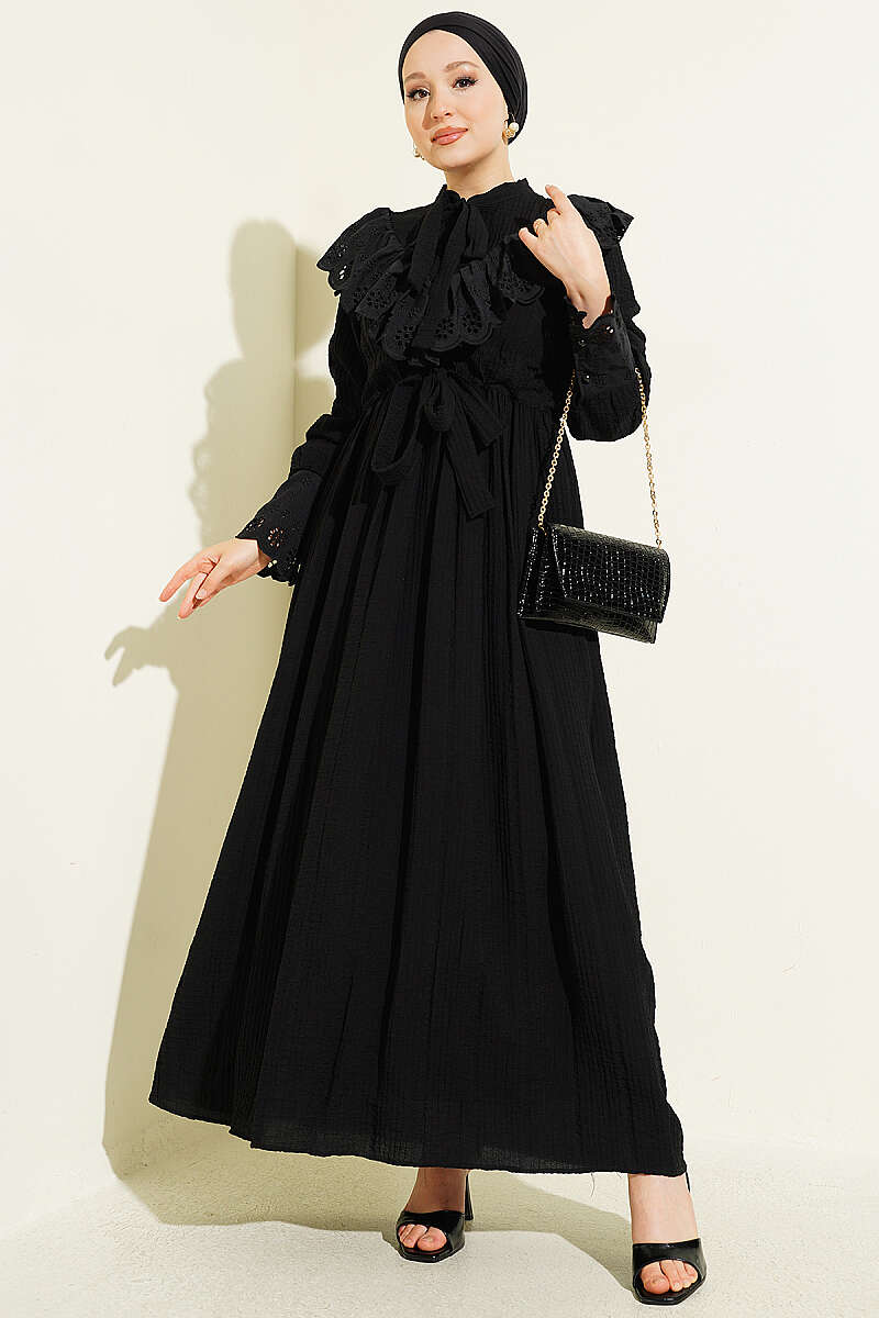 Embroidered V Ruffle Dress with Drawstring Waist - Black