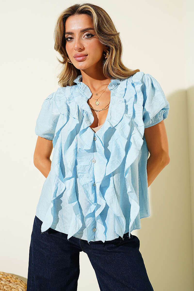 Short-Sleeve V-Neck Ruffle Blouse - Light Blue
