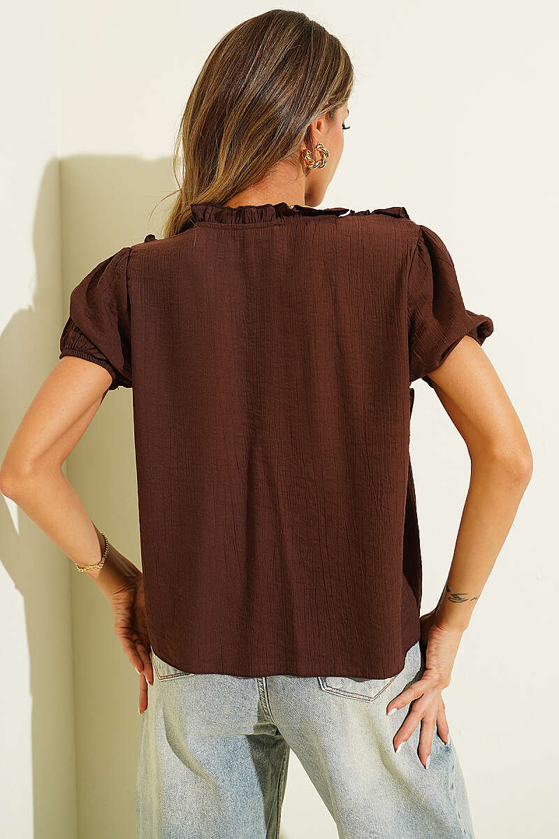 Short-Sleeve V-Neck Ruffle Blouse - Brown