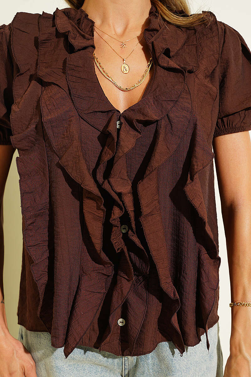 Short-Sleeve V-Neck Ruffle Blouse - Brown