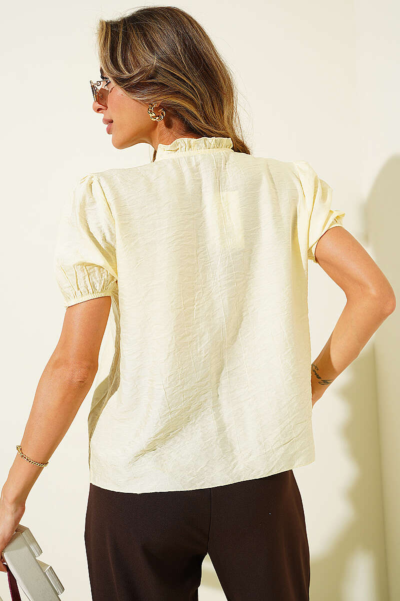 Short-Sleeve V-Neck Ruffle Blouse - Yellow