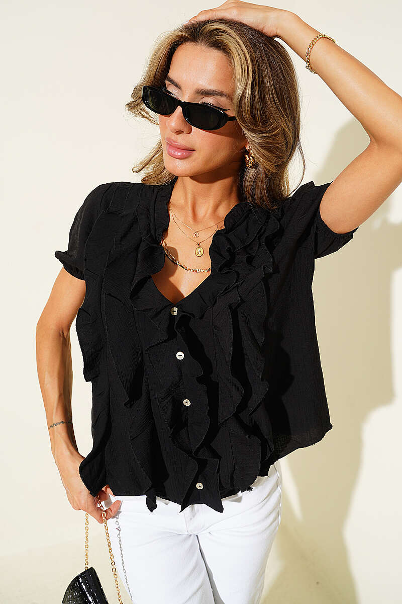 Short-Sleeve V-Neck Ruffle Blouse - Black