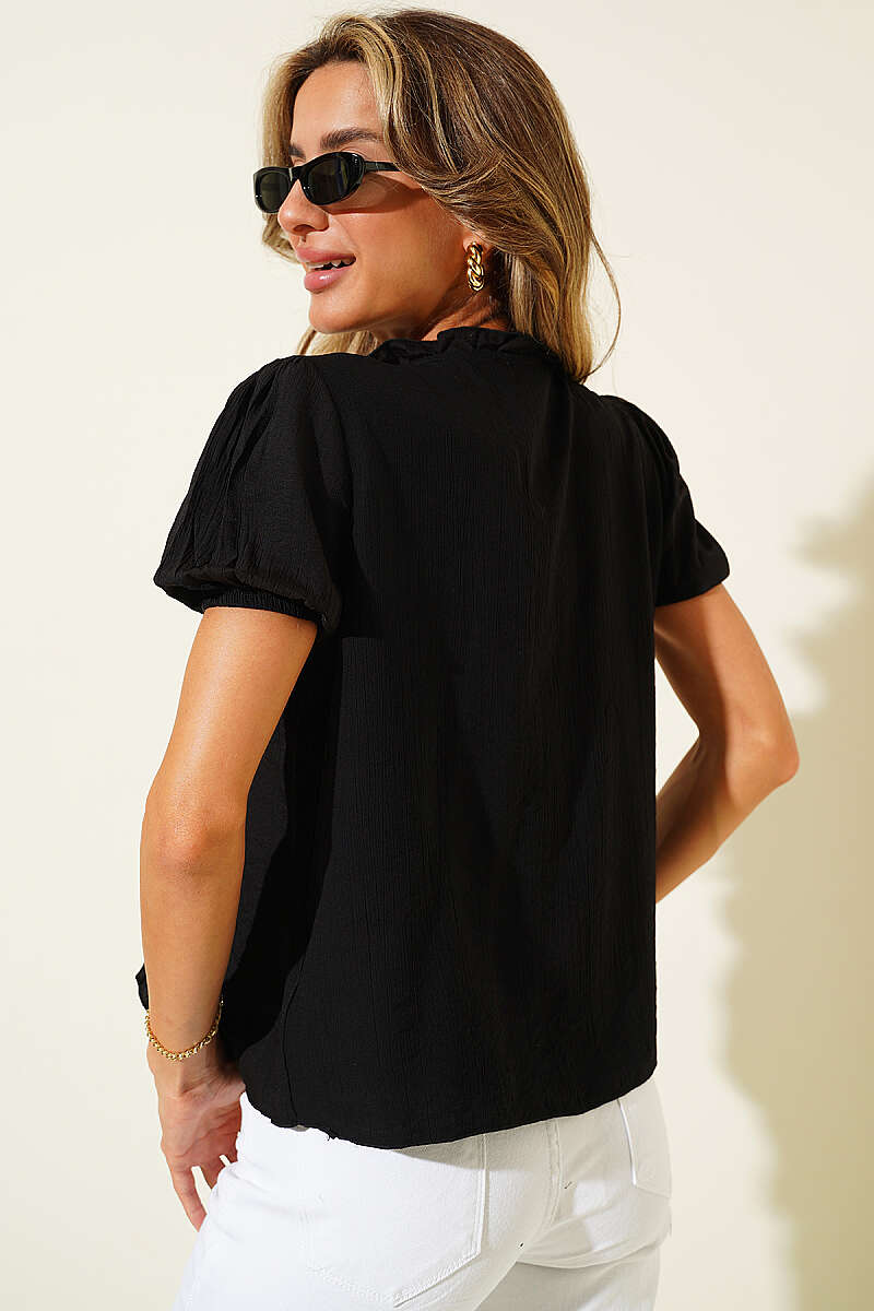 Short-Sleeve V-Neck Ruffle Blouse - Black