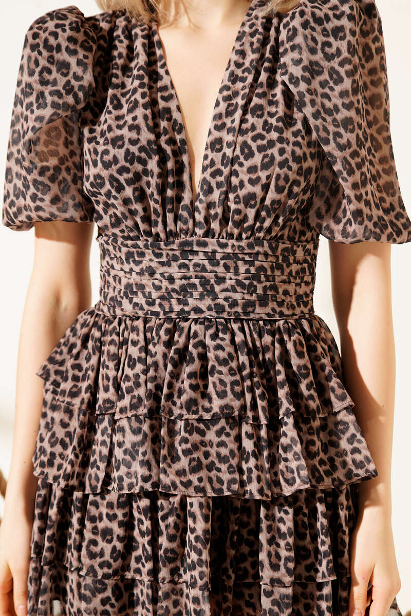 Ruffle V-Neck Chiffon Mini Dress - Leopard