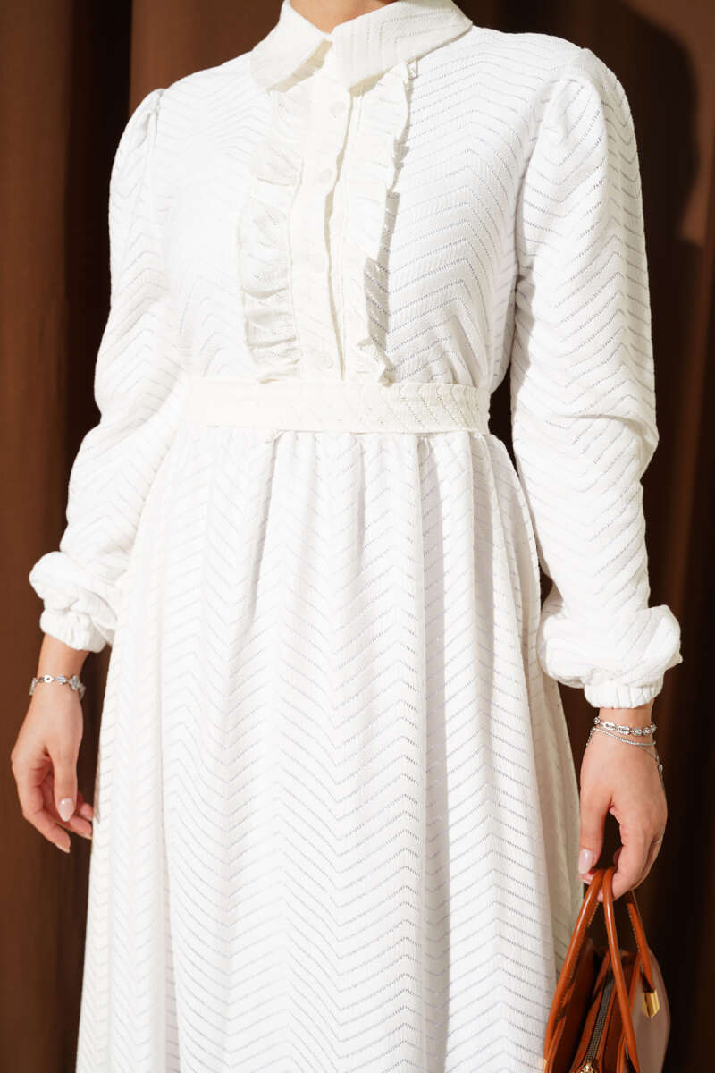 Ruffle Zigzag Print Dress - Ecru