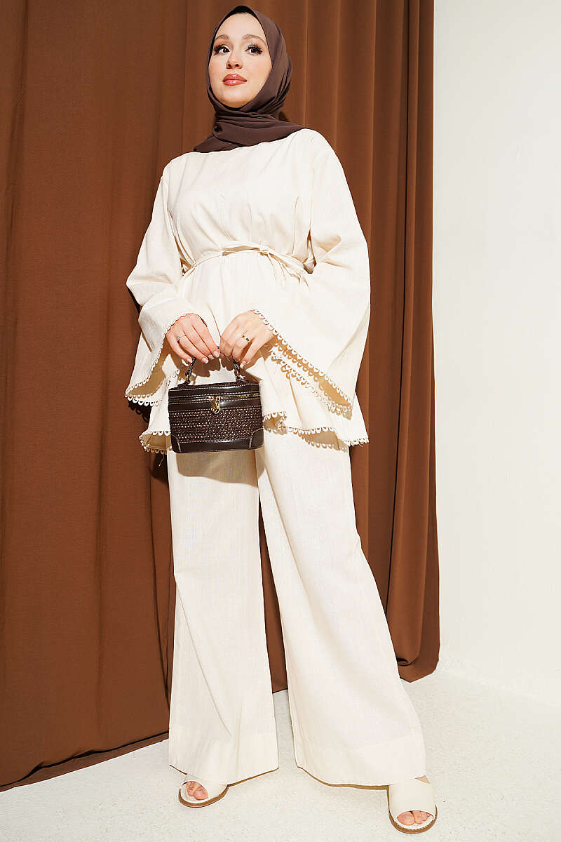 Wide-Sleeve Linen Two-Piece Set with Broderie - Beige