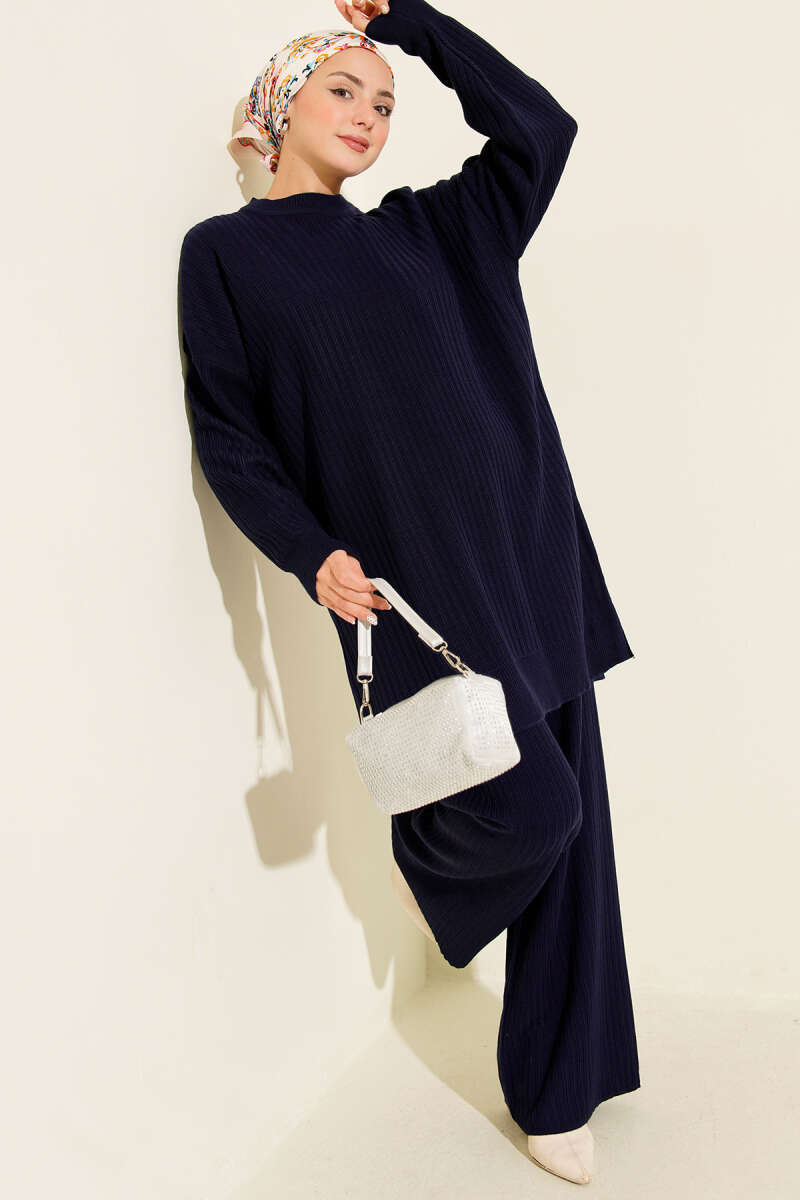 Basic Ribbed Knit Two-Piece Set - Navy