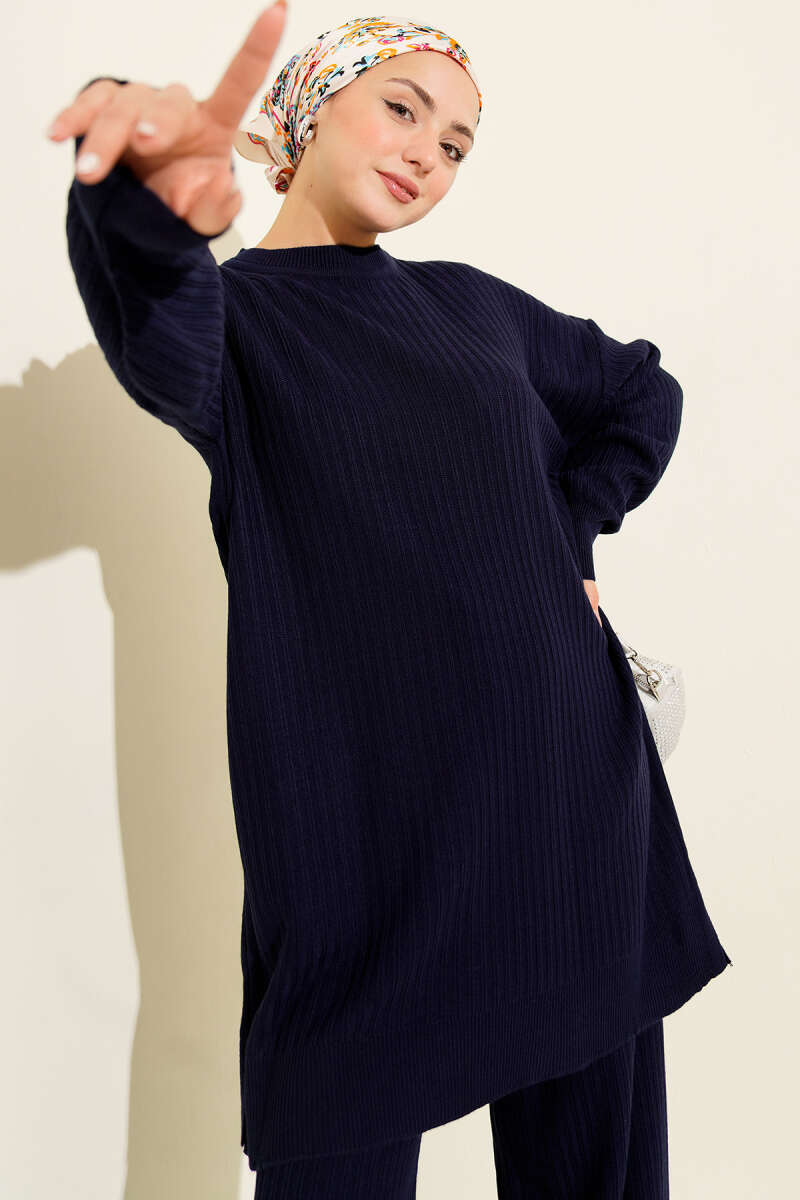 Basic Ribbed Knit Two-Piece Set - Navy
