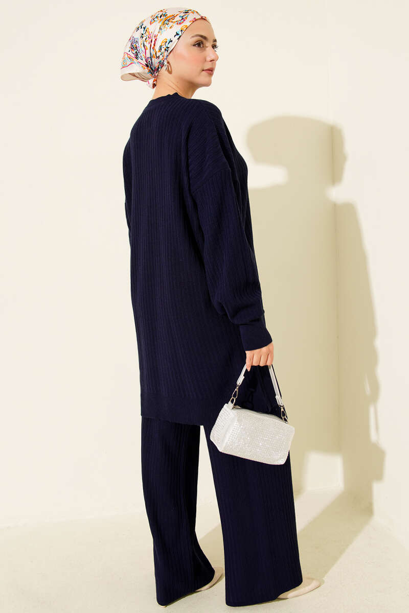 Basic Ribbed Knit Two-Piece Set - Navy