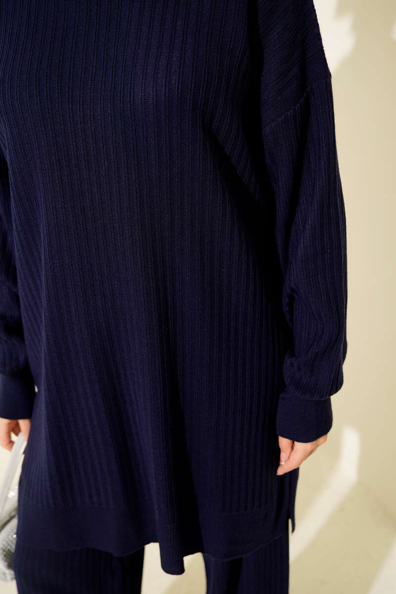 Basic Ribbed Knit Two-Piece Set - Navy