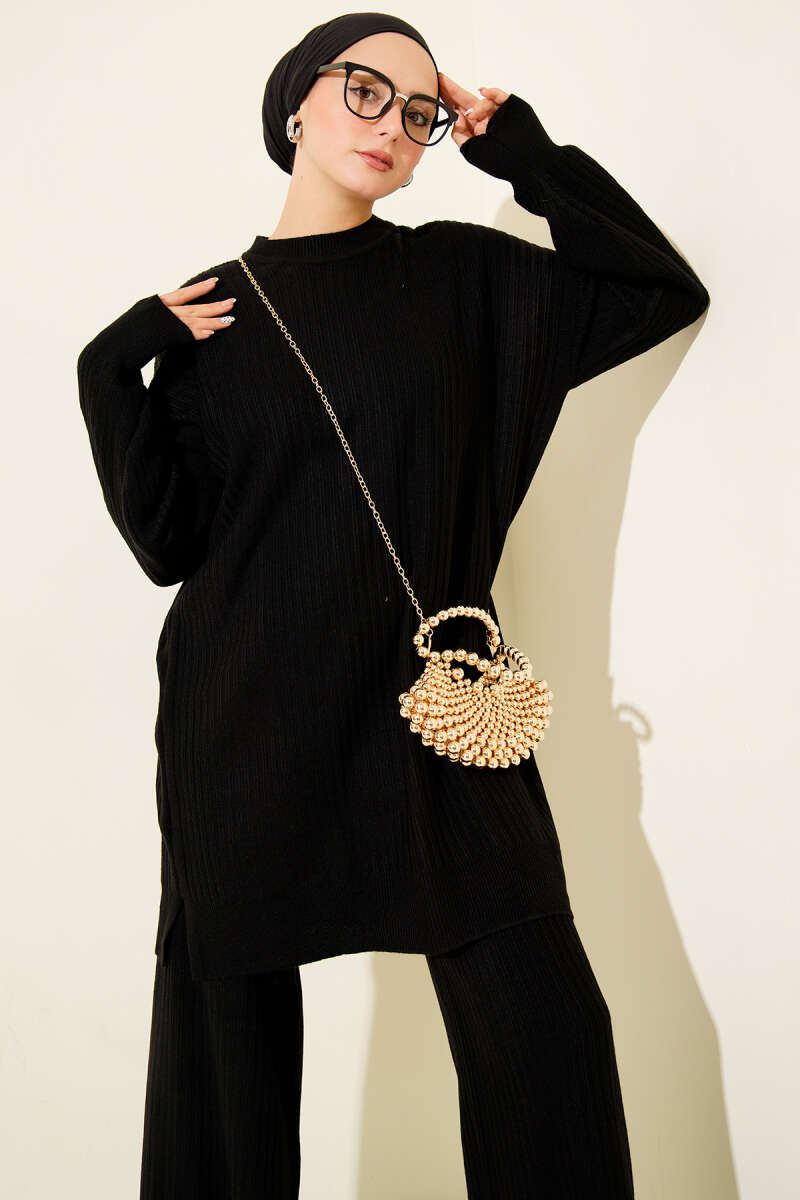 Basic Ribbed Knit Two-Piece Set - Black