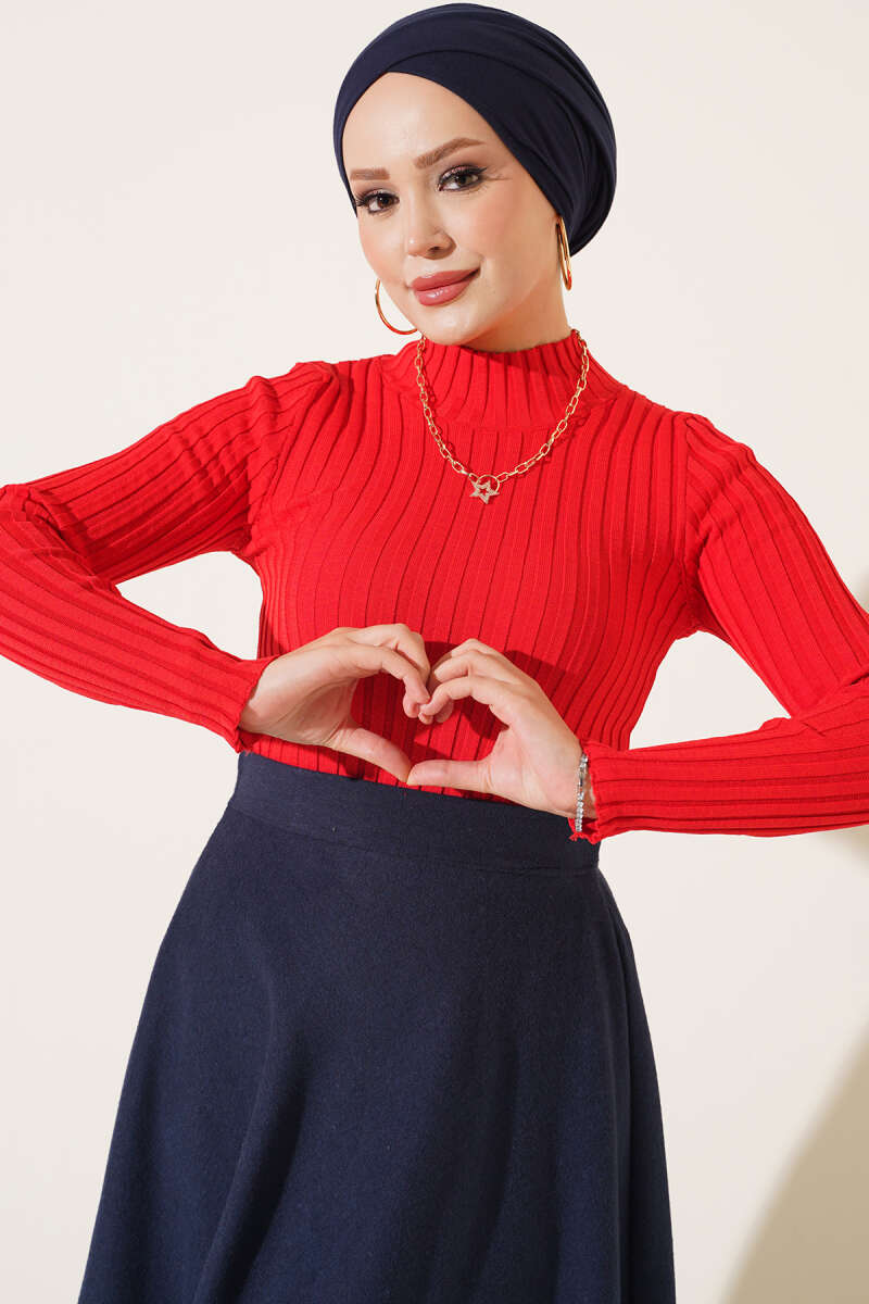 Ribbed Stretch Knit Sweater - Red