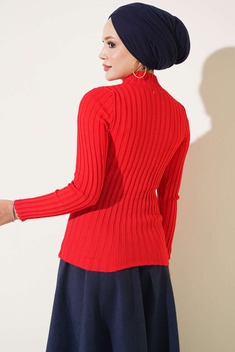 Ribbed Stretch Knit Sweater - Red