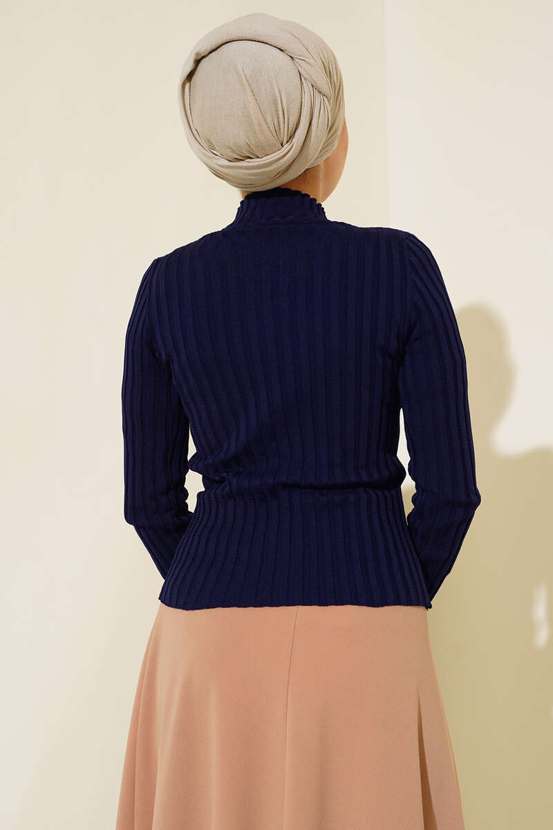 Ribbed Stretch Knit Sweater - Navy