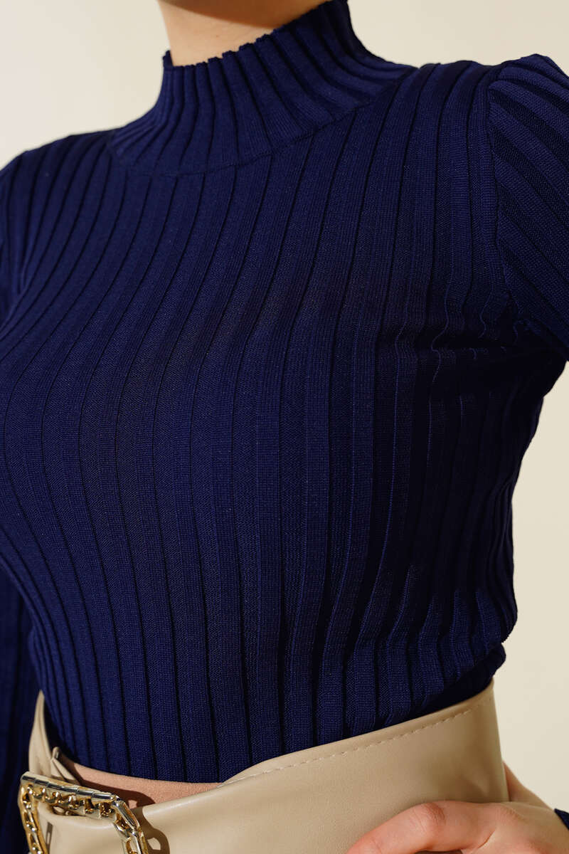 Ribbed Stretch Knit Sweater - Navy