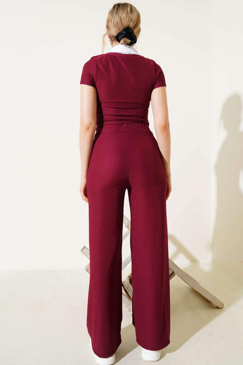 Ribbed Two-Piece Set with Shirt Trim - Burgundy
